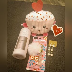 Cupcake Plush, Lip Gloss W/Pom Pom, Clover Drop Earrings & Sensitive Body Lotion